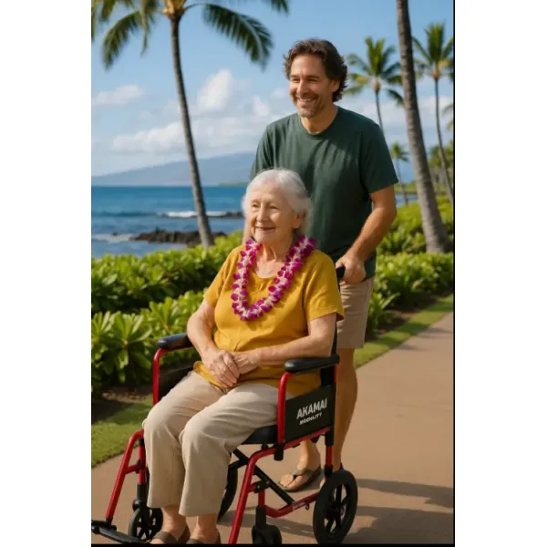 Smiling senior woman wearing a yellow shirt and purple orchid lei riding in an Akamai Mobility transport wheelchair along Lahaina’s scenic oceanfront, pushed by a man in a green shirt on a sunny day.